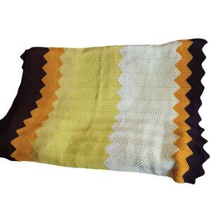Vintage Hand-Knitted Chevron Afghan Blanket Multicolor Yellow & Brown 60x50"